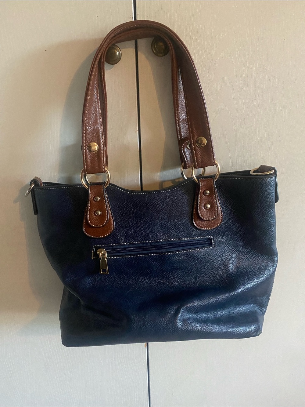 Classic Leather Navy Tote Bag with Brown Handles
